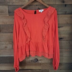 Umgee Women's Coral Long-Sleeve Peplum Lace Top